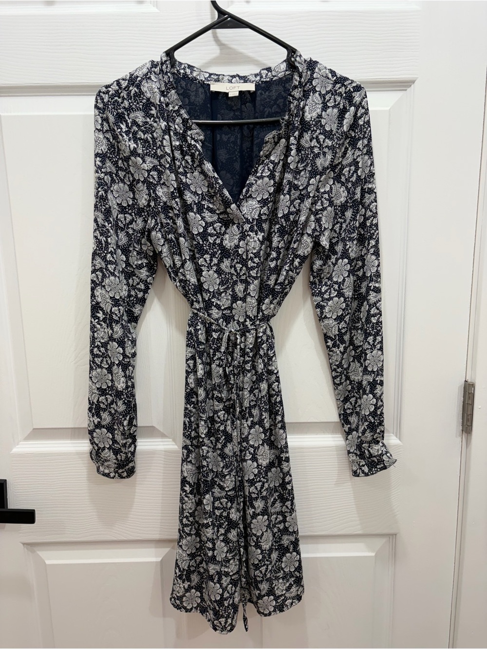 LOFT Navy and White Floral Long-Sleeve Wrap Dress